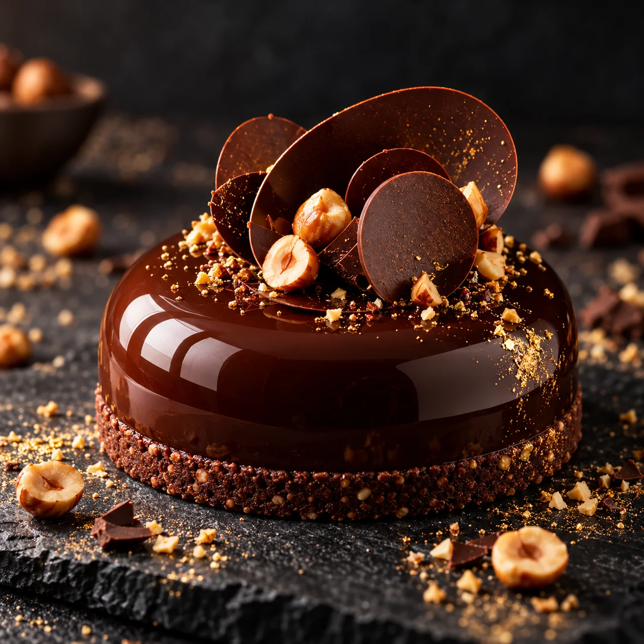 Entremets au glaçage chocolat, pétales de chocolat et noisettes
