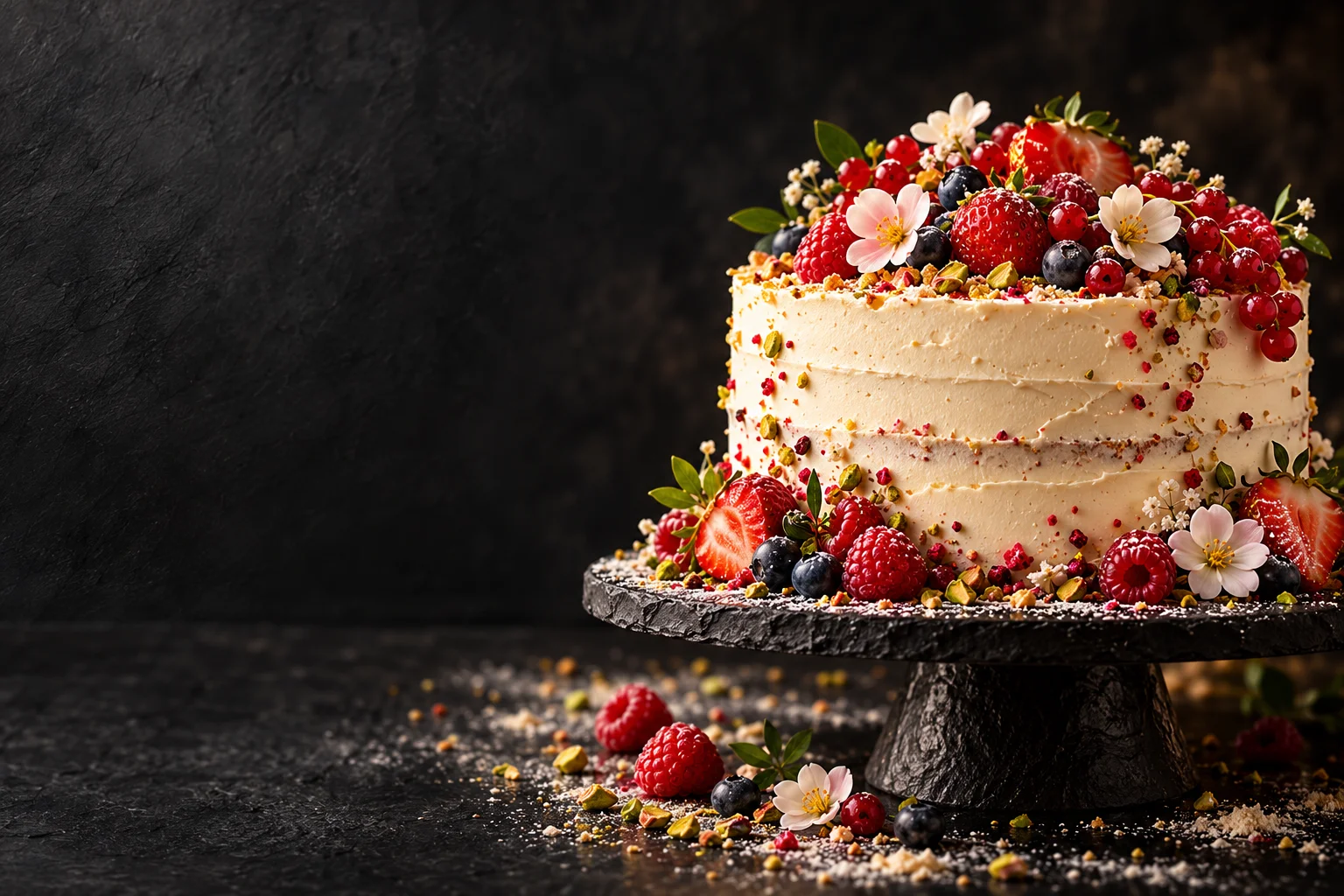 Gâteau de fête à la crème vanillée, décoré de fruits rouges et de fleurs