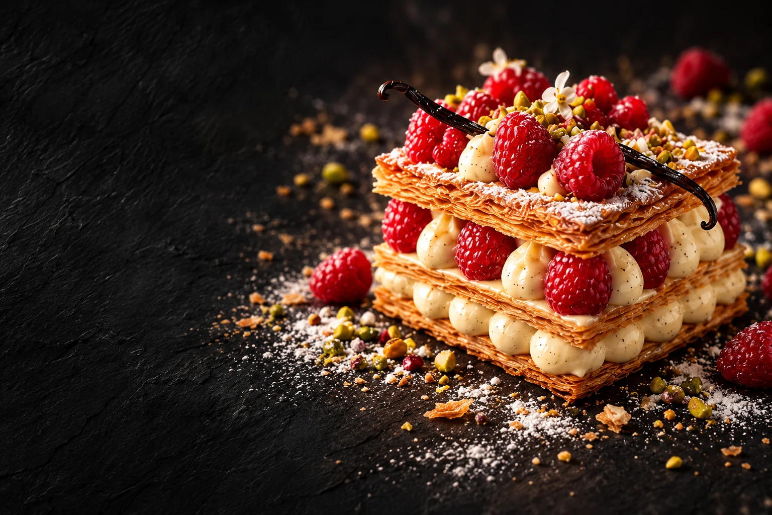 Mille-feuille artisanal à la vanille et aux framboises fraîches